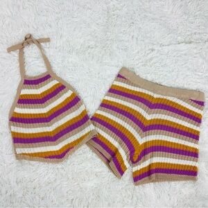 NWT NO COMMENT striped knit cotton halter cropped top & matching shorts medium